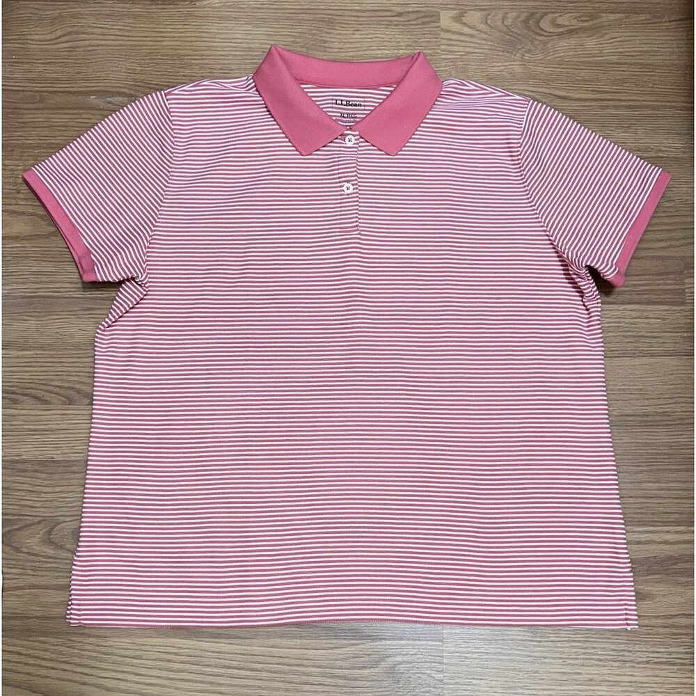 L.L. BEAN Salmon Pink/White Striped Premium Double L Polo Shirt Misses XL NWT